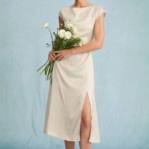 The Apricot Satin Cap Sleeve Sheath Slit Midi Dress